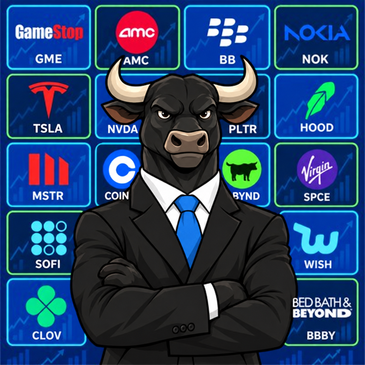 A black bull in a suit and blue tie in front of a neon stock ticker wall